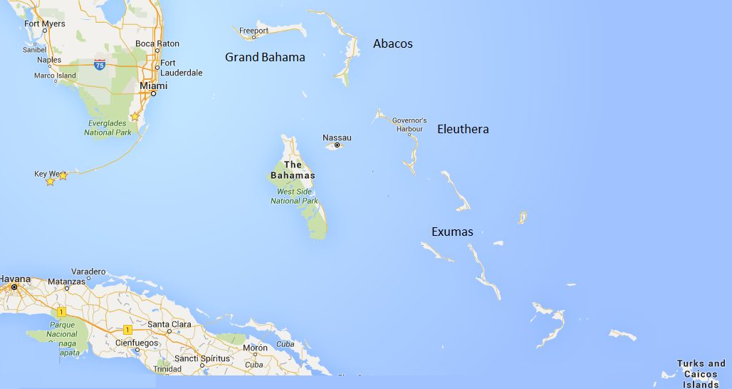 Map of the Bahamas, Abacos, and Turks and Caicos islands in the Caribbean
