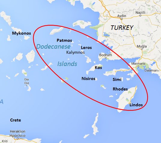 Map of the Dodecanese Islands, Greece