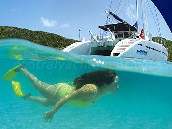 Woman underwater off catamaran