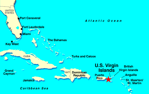 US Virgin Islands map including Puerto Rico and Florida