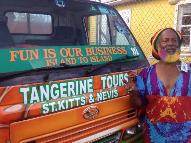 Tangerine Tours guide and van used for CKYCI exploration of St. Kitts and Nevis. Photo©carolkent.com