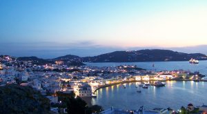 Greece Dodecanese harbor in Greek Islands at twilight
