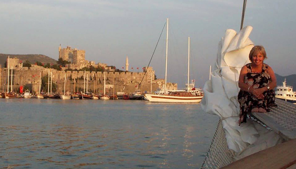 Carol on boat in Bodrum, Turikey