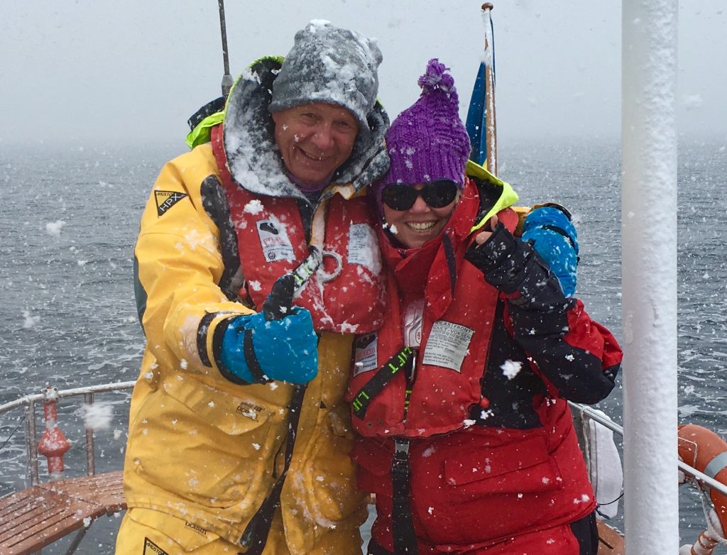 Capt. Janne and Carol sailing in the snow - brilliant! Sweden's archipelago