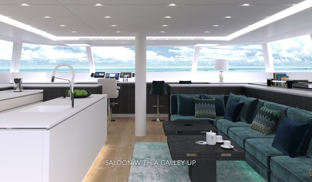 Saloon with galley up on the S/Y ORION catamaran