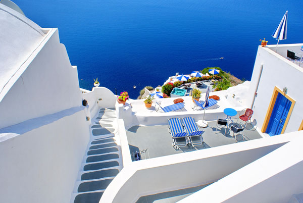 Greek villas and steps all the way down to the Med.