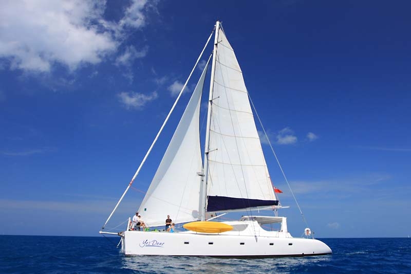 Main shot of 58' sailing yacht catamaran YES DEAR in the Caribbean