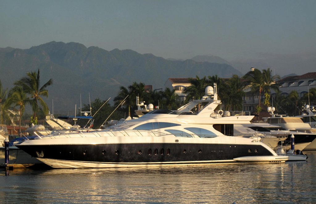 Blue yacht in Mexican marina