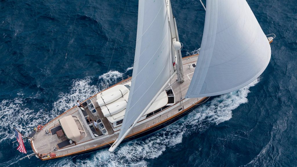 Aerial view of the 108ft sailing yacht MARAE