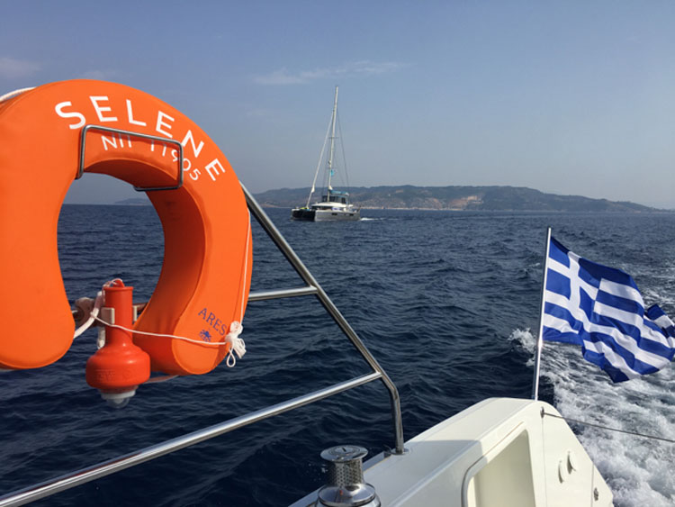 View of 52' LUCKY CLOVER from our 62' SERENE, two of Fyly Yachting & Travel's catamarans.