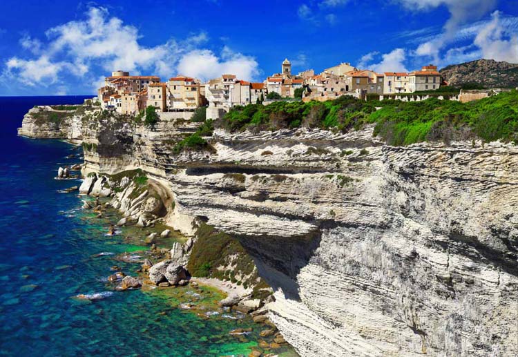 Corsica panorama of Bonifacio, old town at sea cliff, Corsica - France