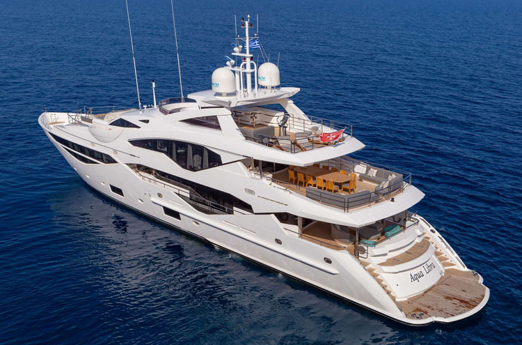 Aerial view of the 131-foot motor yacht AQUA LIBRA cruising near Greece