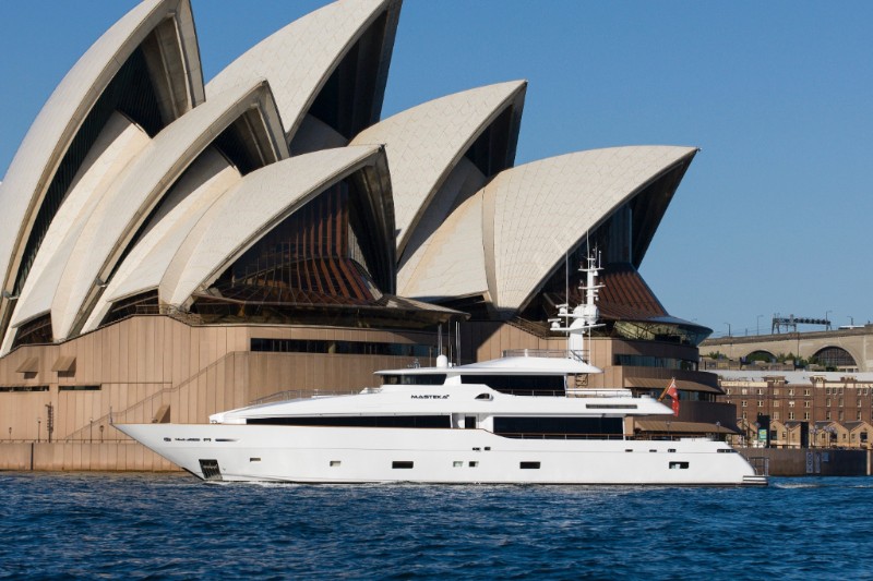 122ft Kha Shing motor yacht MASTEKA 2 cruising by the Sydney Opera House in Australia