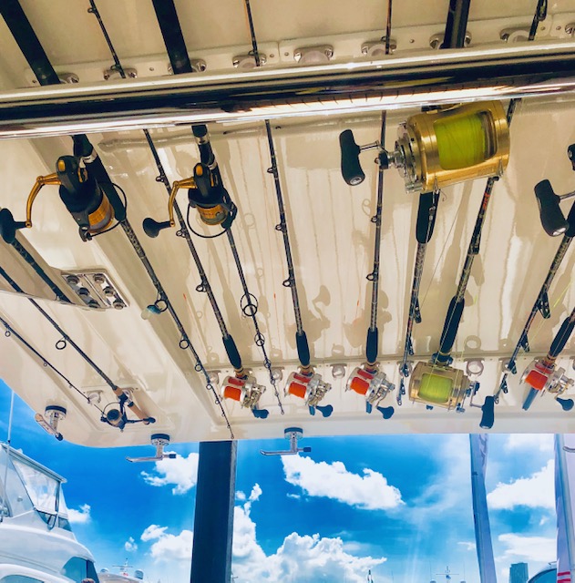 Fishing rods and reels cleverly stored on the 120ft Ocean Alexander motor yacht THE ROCK at the Miami Yacht Show 2019