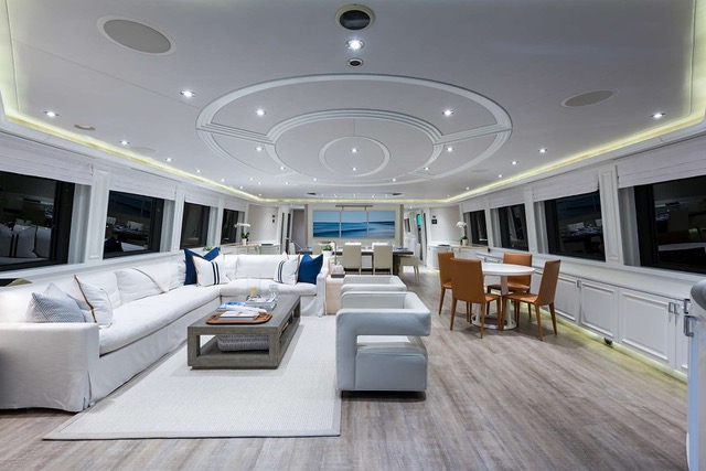Saloon and dining area on the gorgeous 112ft Westport motor yacht BOXER