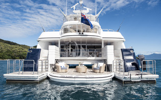 Stylish and roomy aft deck lounge on the 114ft M/Y SPIRIT, a Bakewell-White Yacht Design motor yacht