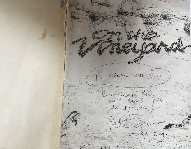 Autograph to Carol and Christo Kent in On The Vineyard book by photographer Peter Simon