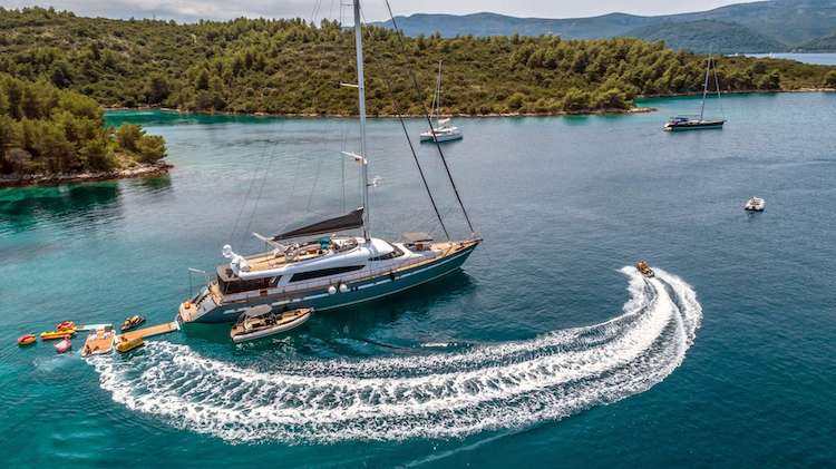 A motor sailor with sailing power, 114' SAN LIMI accommodates up to 8 guests with 5 crew.  She has added a new deck jacuzzi.