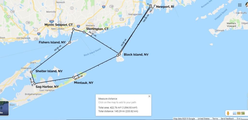 Map of CKYCI 8 day/7 night itinerary for Newport, RI and The Hamptons in NY