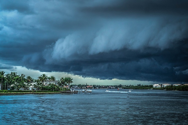 Dark storm approaching a tropical harbor with palm trees, boats and a water skier