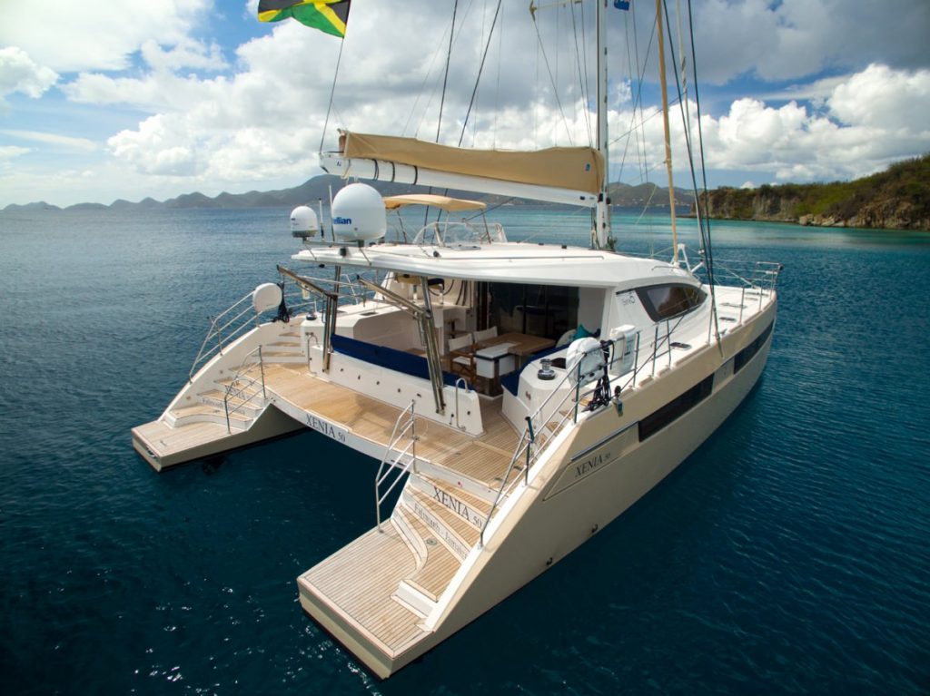 50ft Privilege sailing catamaran XENIA 50 moored in The Caribbean