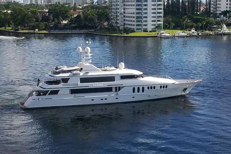 150ft Trinity motor yacht CLAIRE cruising along the coastline is available in Florida and The Bahamas
