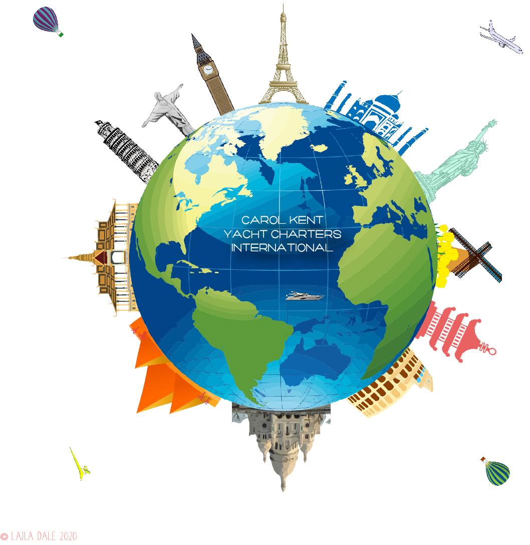 Globe illustration bordered by world travel icons for Carol Kent Yacht Charters International