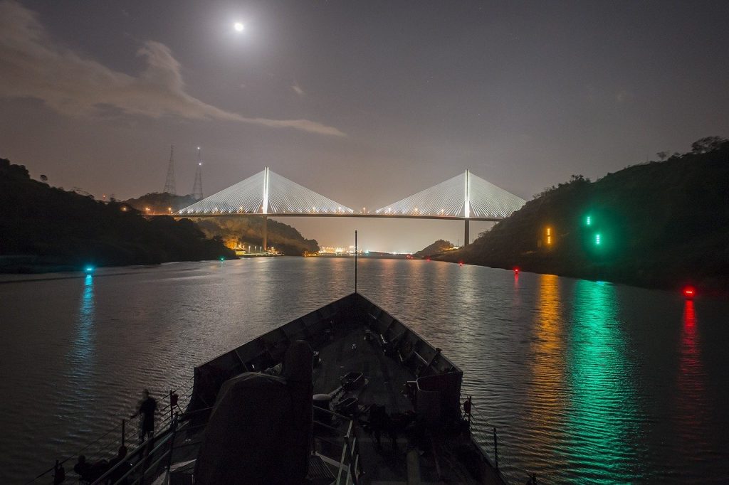 Panama Canal and Centennial Bridge at night