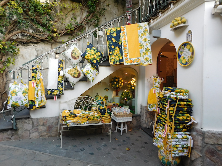 Store display of lemon motif products in Positano, Italy on the Amalfi Coast