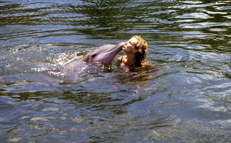 Woman swims with dolphin at Theater of the Sea in Islamorada, Florida Photo©2020TravelOggyLajla