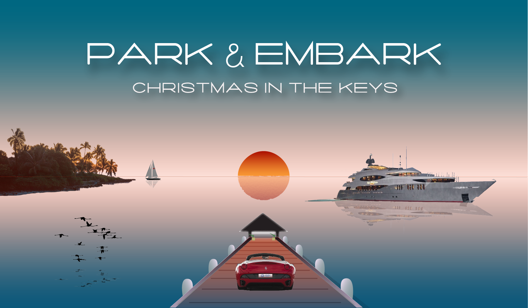 Park & Embark graphic with motor yacht, palm trees, sunset and flamingos