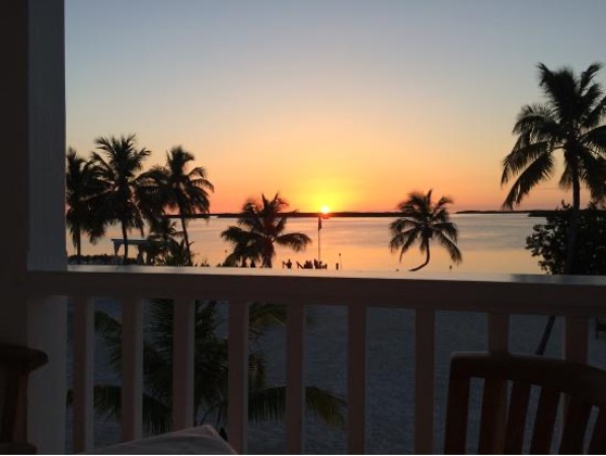 Sunset view of beach and palm trees from Pierre's restaurant in Islamorada in the Florida Keys.