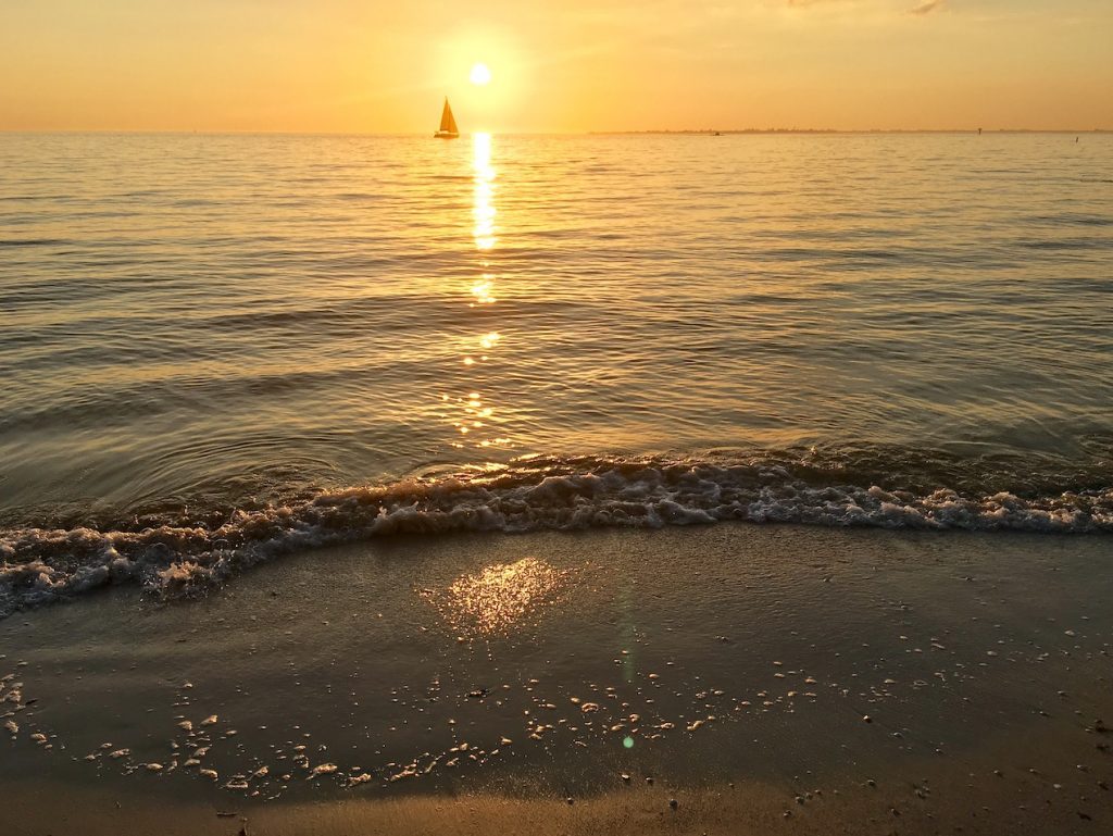Sailing yacht on the horizon in a golden sunset in Florida. Photo©2020CarolKent