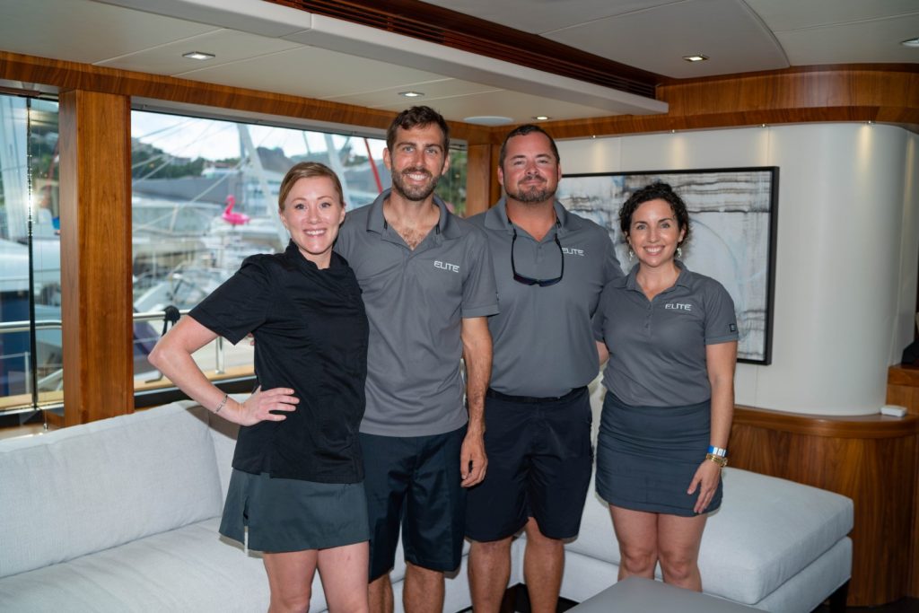The crew of the USVI Charter Yacht Show 2020's Best in Show: the 92ft Sunseeker motor yacht ELITE