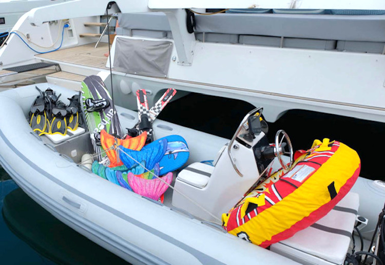 A tender full of water toys for the guests of 62ft Lagoon catamaran FOXY LADY