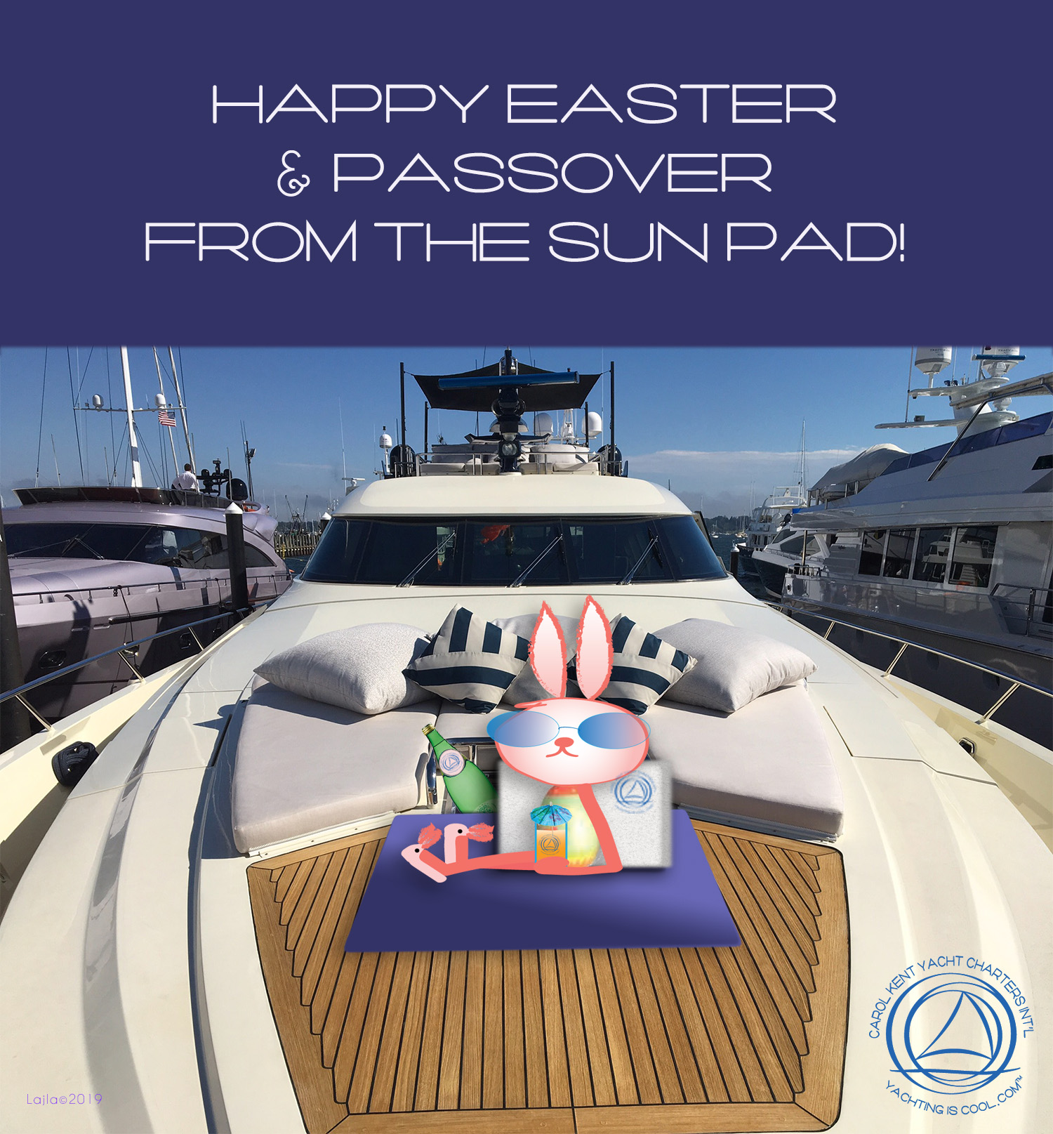 Happy Easter and Passover from the Sun Pad graphic with a rabbit on deck with a drink