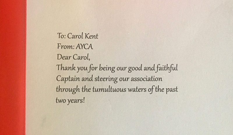 Thank you note to Carol Kent for serving as AYCA President, 2020-22