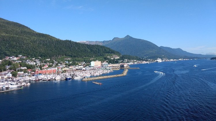 Juneau Alaska harbor with boats from the air