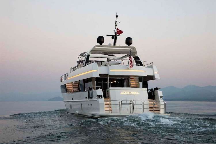 110ft custom-built motor yacht ARCHSEA is equipped with fishing gear and a deck Jacuzzi