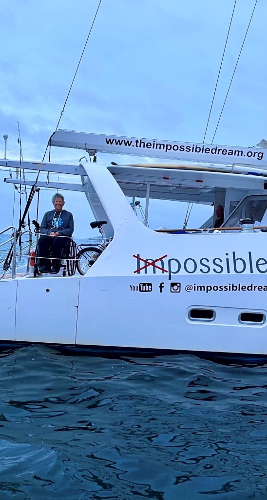 Deborah Mellon onboard the 58 ft barrier-free catamaran IMPOSSIBLE DREAM