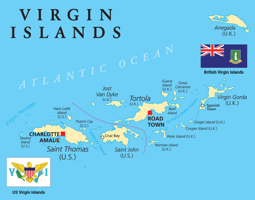 Map of British and United States Virgin Islands (BVI and USVIs)