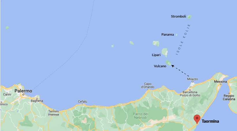 Milazzo - Vulcano Day 2 Map Routes Sicily Taormina and Aeolian Islands itinerary Italy
