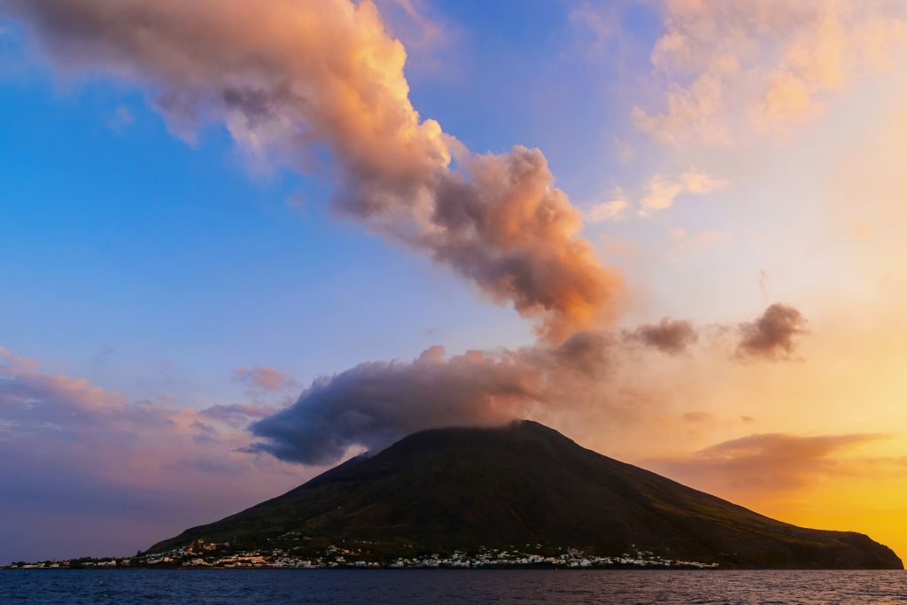 Plume coming from volcano on Stromboli, an Aeolian Island in the Tyrhennian Sea, Italy