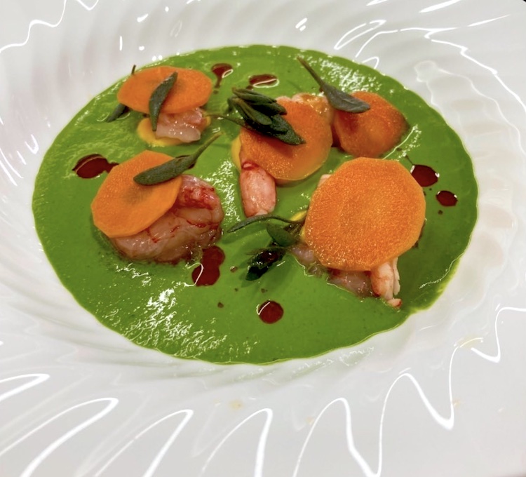 Starter - Carabinero Prawn Sea Herbs Carrot & Sea Buckthorn by Mary San Pablo, chef of M-Y MARALA and 1st Place Winner in the 51 Meters at the MYBA Superyacht Chefs' Competition 2023 in Barcelona, Spain