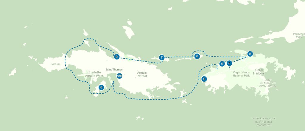 United States Virgin Islands (USVI) map with suggested itinerary