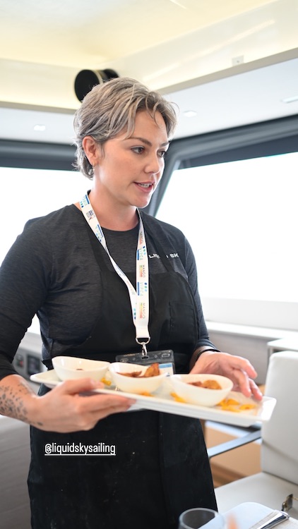 S/Y LIQUID SKY's Amber Heydenreich serves her 3rd place-winning dish at the 2024 USVI Charter Show's Culinary Competition. Photo by Mango Media