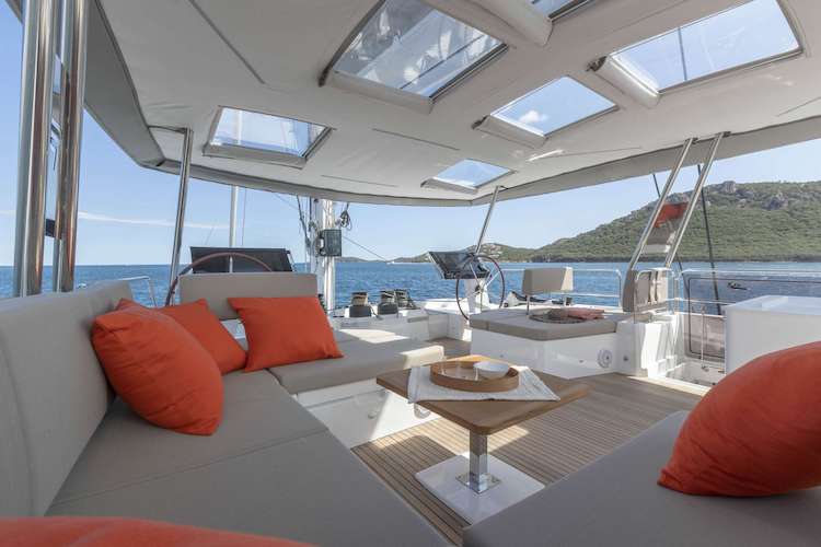 Stylish covered lounge are on 67tf Fontane Pajot sailing catamaran FLORAMYE