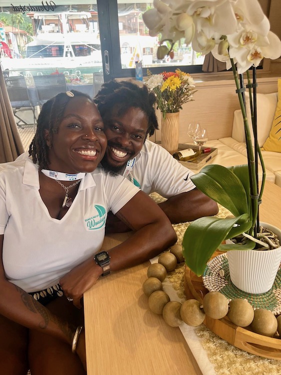 S/Y SOME KIND OF WONDERFUL's crew Benita Marshall and Lukata Samuel USVI Yacht Charter Show 2024. Photo by Carol Kent