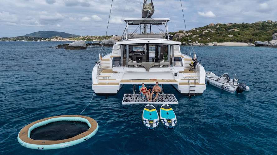 Toys of the aft deck of 55ft Bali 5.4 sailing catamaran HIGH 5, operating in the Caribbean