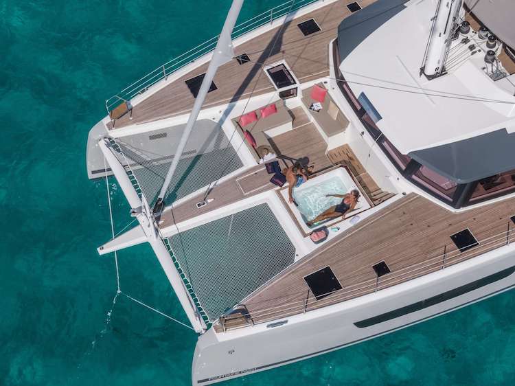 Trampolines and hot tub on 67ft Fontane Pajot sailing catamaran FLORAMYE